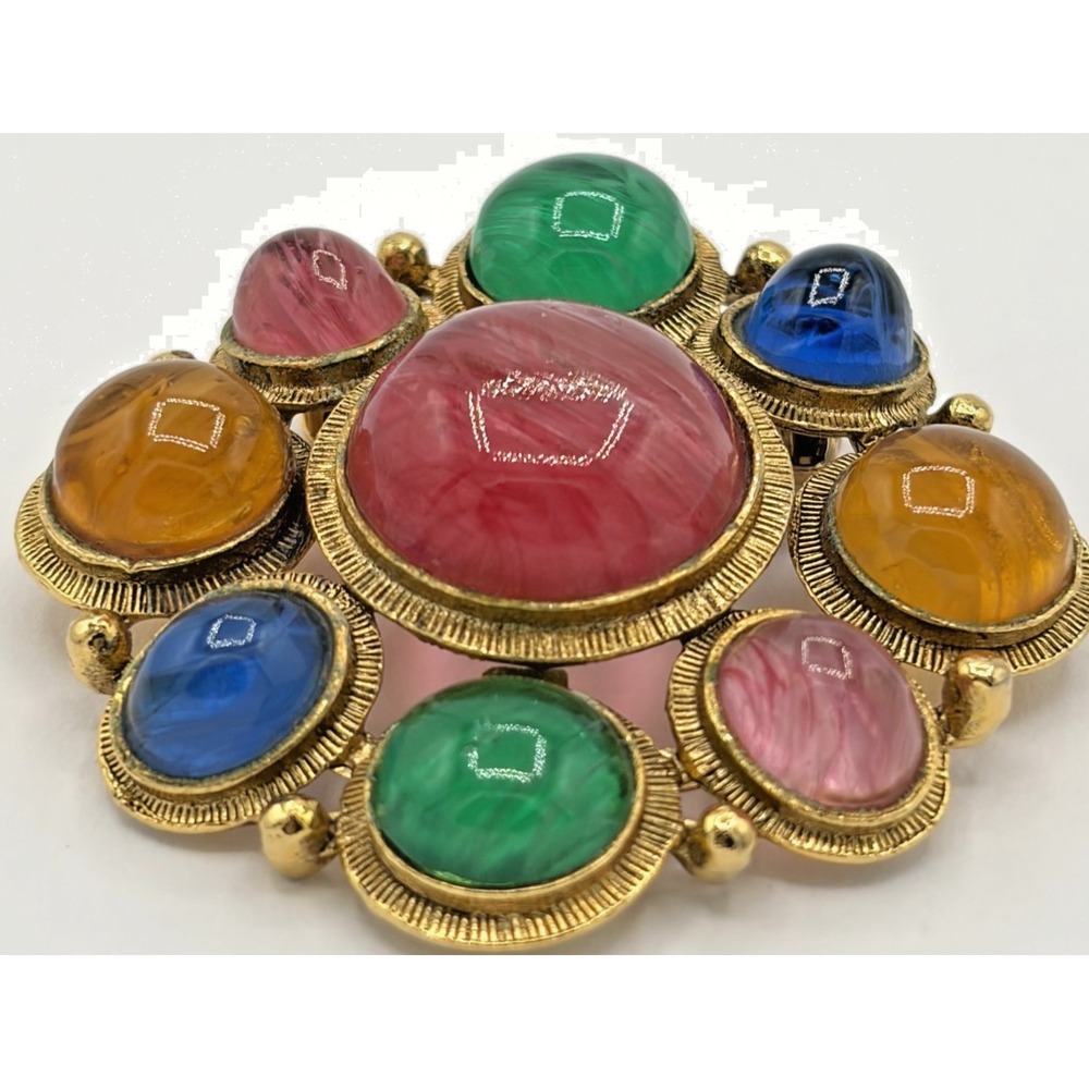 Vintage WEISS Multi Color Marbled Art Glass Cabochon Round Brooch Pin